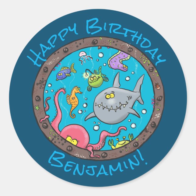 Funny happy sea creatures underwater cartoon classic round sticker (Front)
