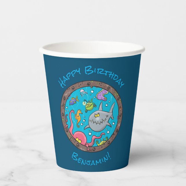 Funny happy sea creatures underwater cartoon paper cups (Front)