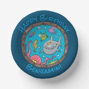 Funny happy sea creatures underwater cartoon paper plate