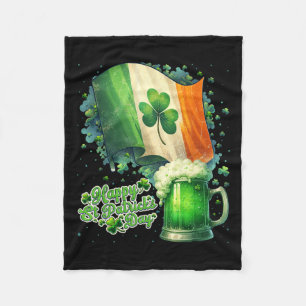 Funny Happy St Patricks Day Irish Flag And Beer Mu Fleece Blanket