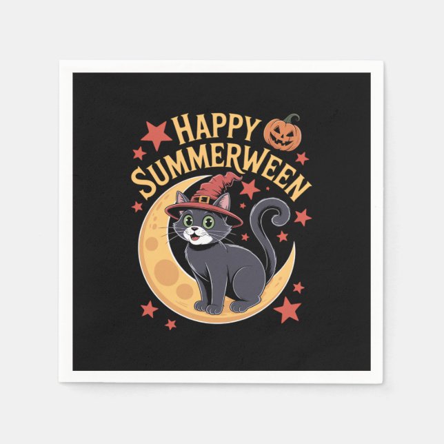 Funny Happy Summerween Black Cat Napkin (Front)