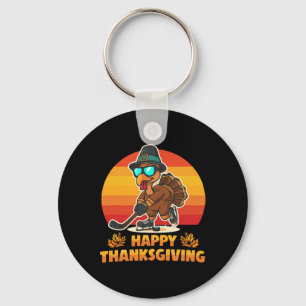 Funny Happy Thanksgiving Turkey Playing Ice Hockey Keychain