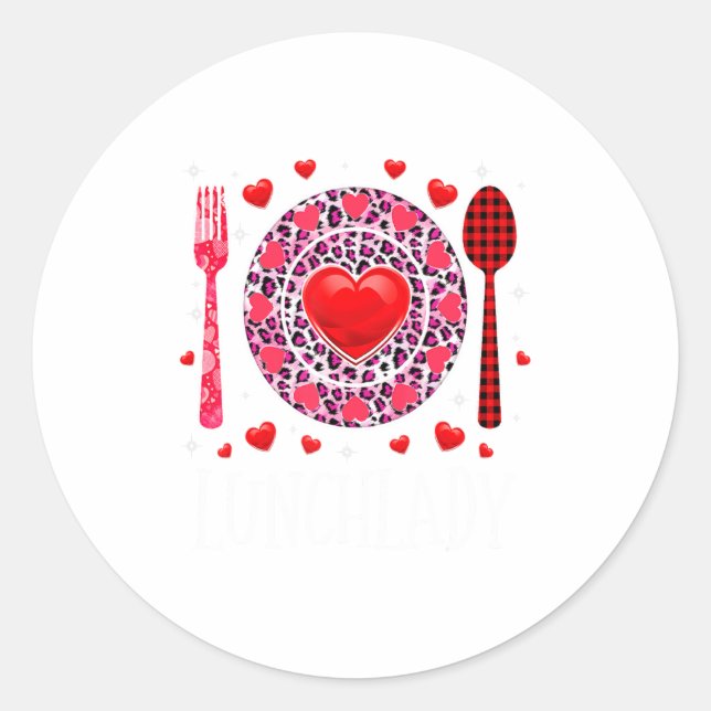 Funny Happy Valentines Day Lunch Lady Leopard Hea  Classic Round Sticker (Front)