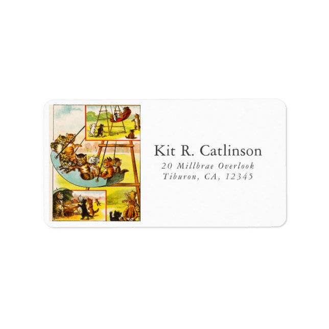 Funny Happy Vintage Cats Kittens Playground Swing Label (Front)