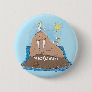 Funny happy walrus cartoon illustration 2 inch round button