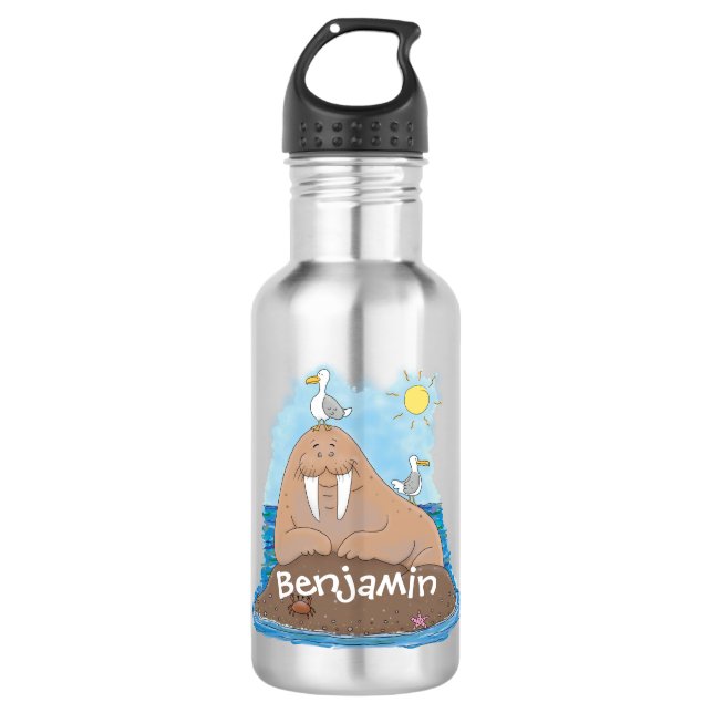Funny happy walrus cartoon illustration 532 ml water bottle (Front)