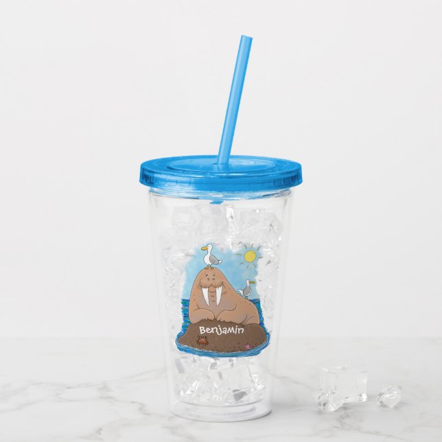 Funny happy walrus cartoon illustration acrylic tumbler (Back Ice)