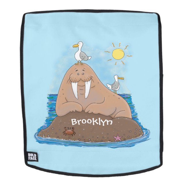 Funny happy walrus cartoon illustration backpack (Removable Face)