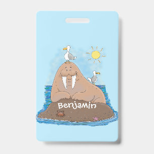 Funny happy walrus cartoon illustration badge