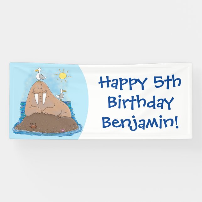 Funny happy walrus cartoon illustration banner (Horizontal)