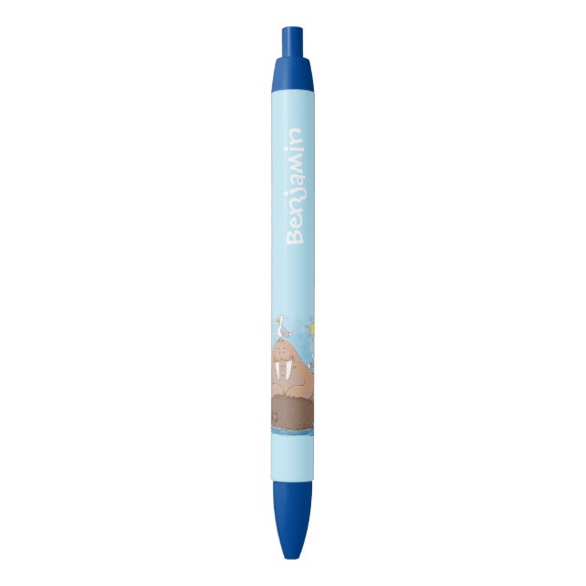 Funny happy walrus cartoon illustration black ink pen (Front Vertical)