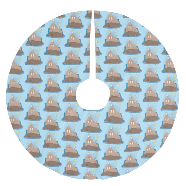 Funny happy walrus cartoon illustration brushed polyester tree skirt (Front)