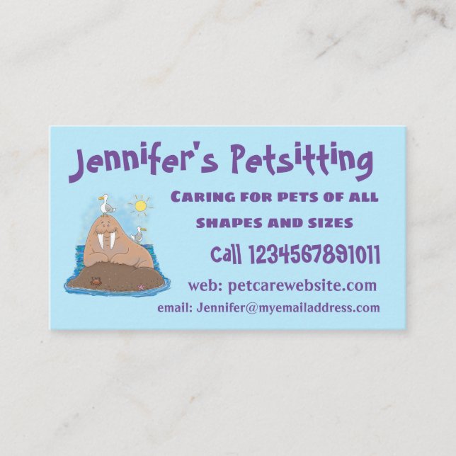 Funny happy walrus cartoon illustration business card (Front)