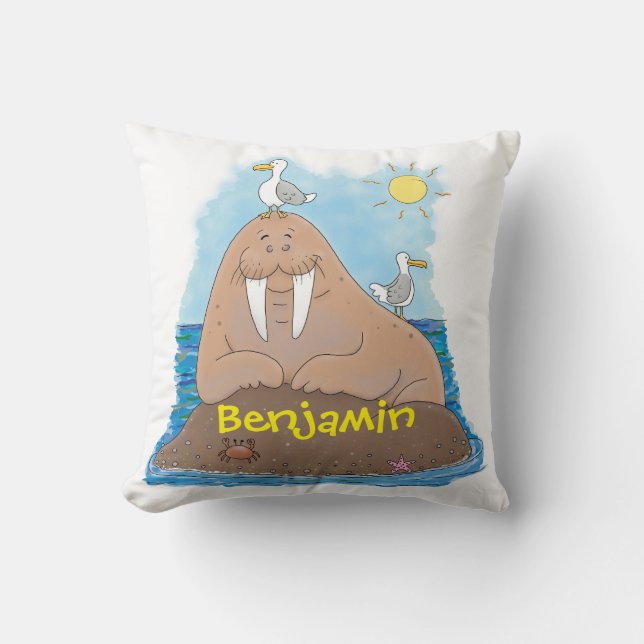Funny happy walrus cartoon illustration cartoon throw pillow (Front)