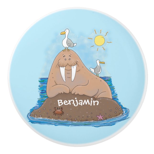 Funny happy walrus cartoon illustration ceramic knob (Front)