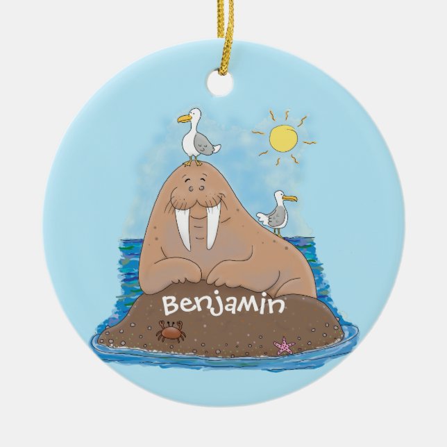 Funny happy walrus cartoon illustration ceramic ornament (Front)