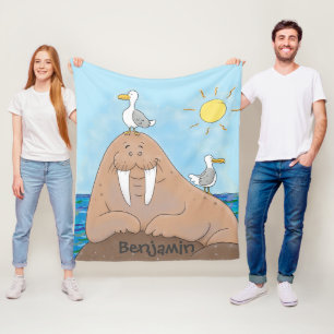 Funny happy walrus cartoon illustration fleece blanket