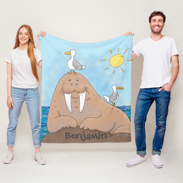Funny happy walrus cartoon illustration fleece blanket (In Situ)