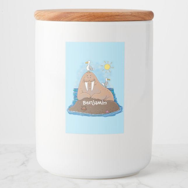 Funny happy walrus cartoon illustration food label (Front)