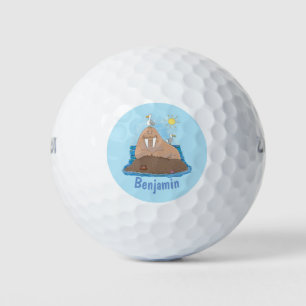 Funny happy walrus cartoon illustration golf balls
