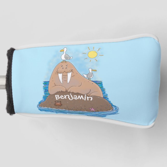 Funny happy walrus cartoon illustration golf head cover (Front)