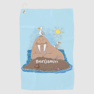 Funny happy walrus cartoon illustration  golf towel