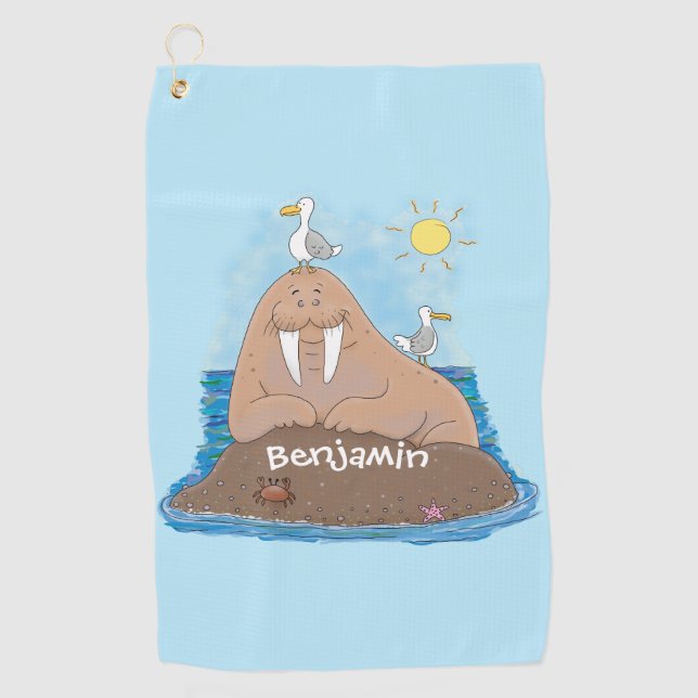 Funny happy walrus cartoon illustration  golf towel (Front)