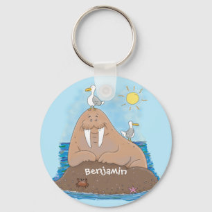 Funny happy walrus cartoon illustration keychain