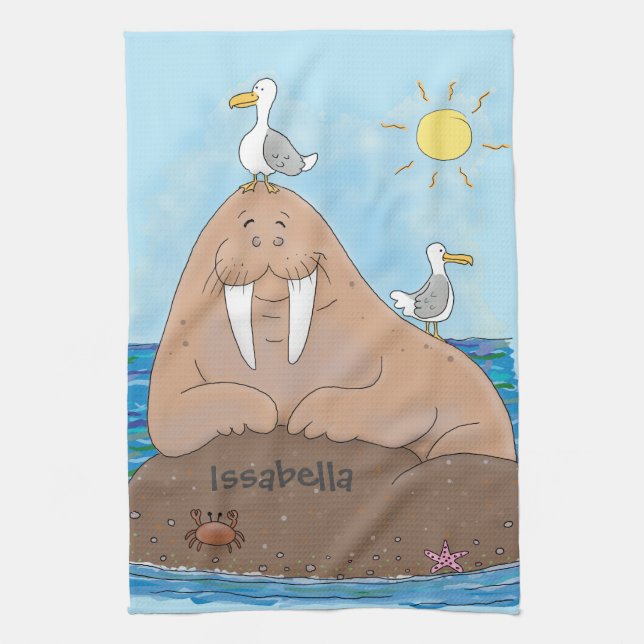 Funny happy walrus cartoon illustration kitchen towel (Vertical)