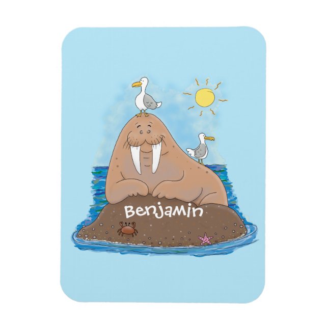 Funny happy walrus cartoon illustration magnet (Vertical)