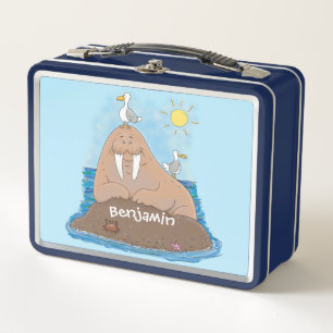 Funny happy walrus cartoon illustration metal lunch box
