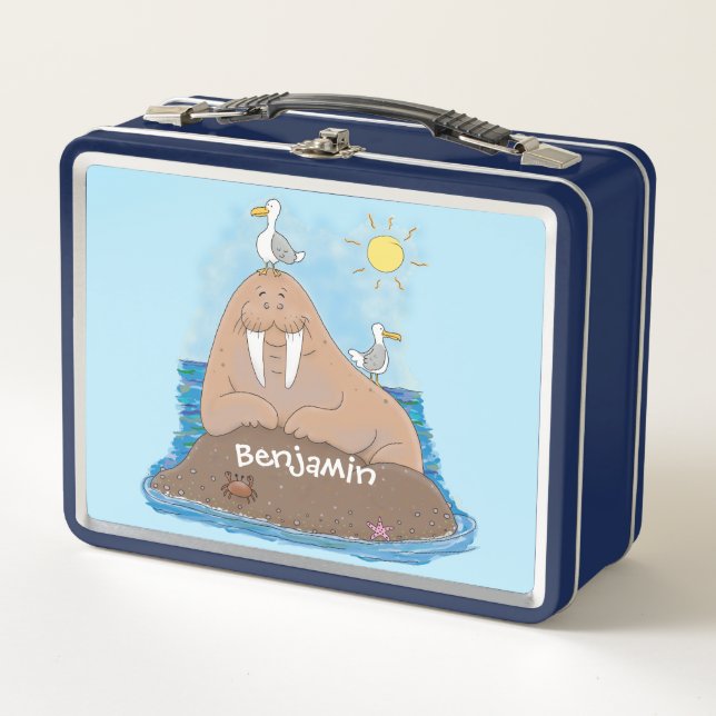 Funny happy walrus cartoon illustration metal lunch box (Front)