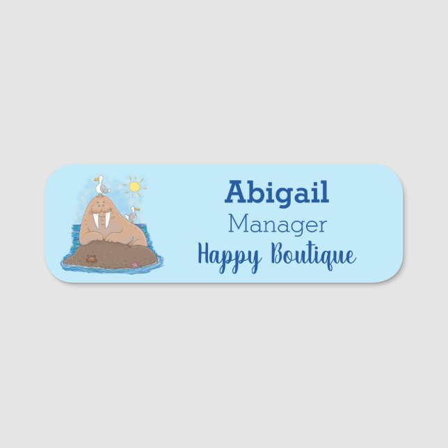 Funny happy walrus cartoon illustration  name tag (Front)