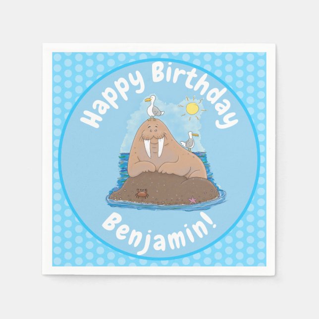 Funny happy walrus cartoon illustration napkin (Front)