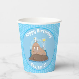 Funny happy walrus cartoon illustration paper cups