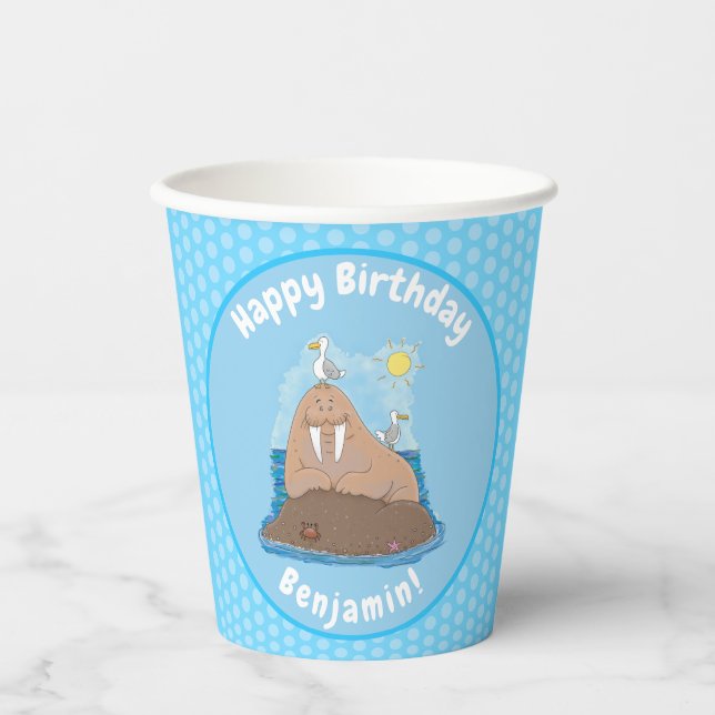Funny happy walrus cartoon illustration paper cups (Front)