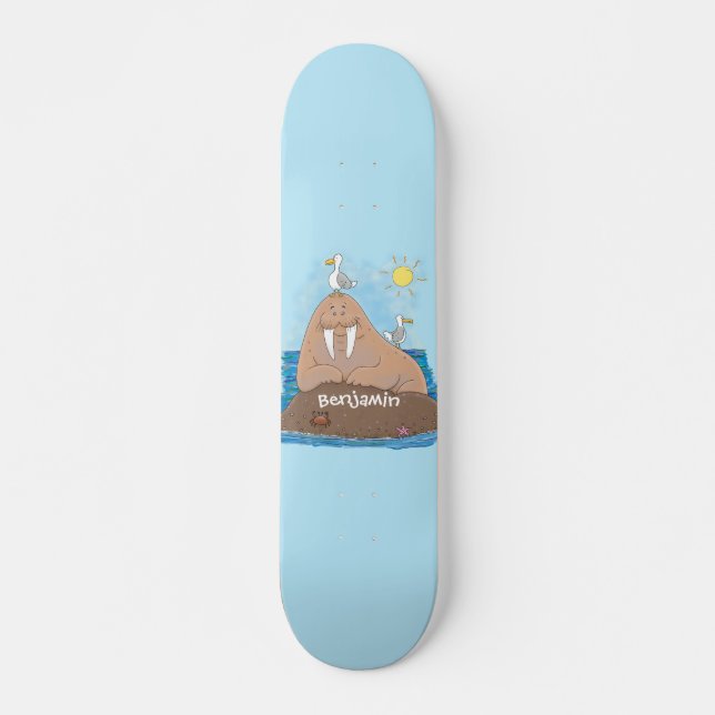 Funny happy walrus cartoon illustration skateboard (Front)