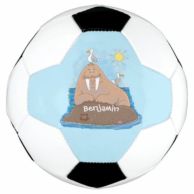 Funny happy walrus cartoon illustration soccer ball (Front)
