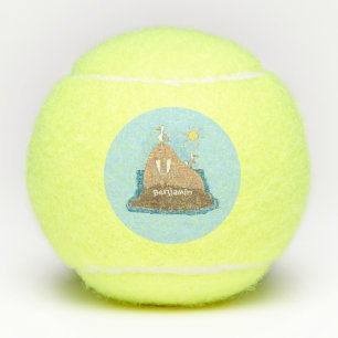 Funny happy walrus cartoon illustration tennis balls