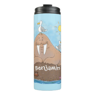 Funny happy walrus cartoon illustration thermal tumbler