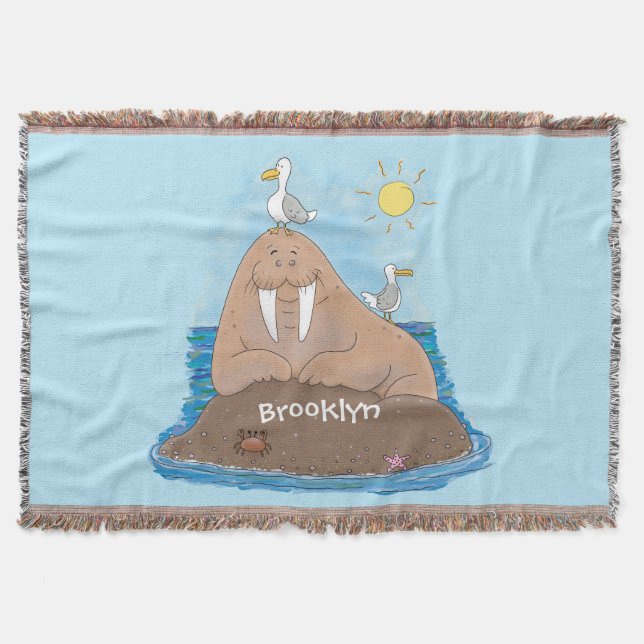 Funny happy walrus cartoon illustration throw blanket (Front)