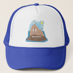 Funny happy walrus cartoon illustration trucker hat
