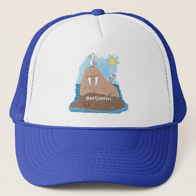 Funny happy walrus cartoon illustration trucker hat (Front)