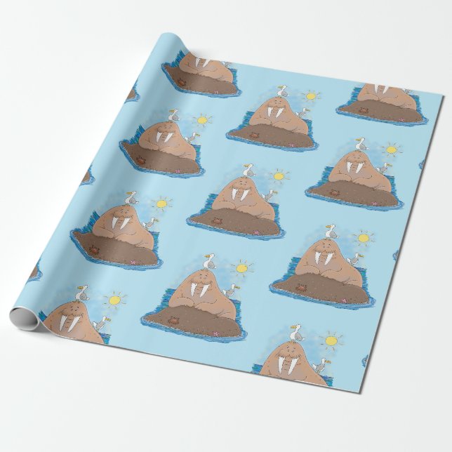 Funny happy walrus cartoon illustration wrapping paper (Unrolled)