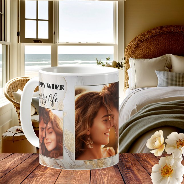 Funny Happy Wife Gold Mariage artistique Mug (Funny wedding mug featuring your custom photos on a gold abstract glitter design - wife - newly wed)