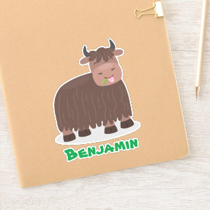 Funny happy yak eating grass cartoon illustration