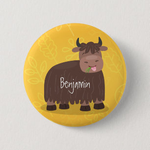 Funny happy yak eating grass cartoon illustration 2 inch round button
