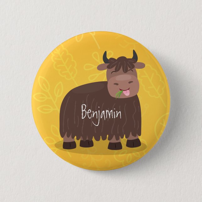 Funny happy yak eating grass cartoon illustration 2 inch round button (Front)