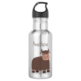 Funny happy yak eating grass cartoon illustration 532 ml water bottle