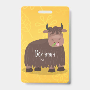 Funny happy yak eating grass cartoon illustration badge